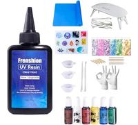Frenshion Résine UV, formule améliorée 100g résine UV à faible viscosité à durcissement rapide et dur + Pigment coloré + moule + paillettes + tapis + outils + gants de bijoux