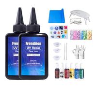 Frenshion Résine UV, formule améliorée 200g résine UV à faible viscosité à durcissement rapide et dur + Pigment coloré + moule + paillettes + tapis + outils + gants de bijoux