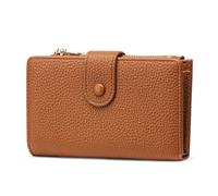 Frentree Portefeuille pour femme avec protection RFID, aspect cuir véritable, grand compartiment à monnaie, portefeuille avec fermeture éclair, bouton pression, avec boîte cadeau, marron, Décontracté