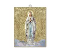 Frères Bonella | Tableau sacré représentant Notre-Dame de Lourdes sur bois MDF de peuplier 8 mm avec mosaïque en feuille dorée format 18 x 24 cm | Fabriqué en Italie
