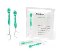 Freshee Mini brosse à dents jetable 5 en 1 avec dentifrice + fil dentaire + cure-langue | Format voyage | Emballage individuel | Doux | Menthe | Ensemble de voyage | Soins bucco-dentaires
