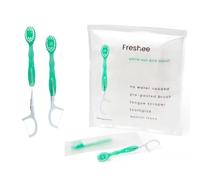 Freshee Mini brosse à dents jetable 5 en 1 avec dentifrice + fil dentaire + cure-langue | Format voyage | Emballage individuel | Doux | Menthe | Ensemble de voyage | Soins bucco-dentaires