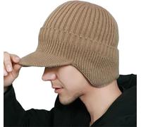 Fresheight Elastic Warm Ear Protection Knitted Hat,Comfortable Lightweight Winter Warm Soft Beanie,with Brim and Ear Flaps (FR/ES, Alpha/Lettres, Taille Unique, Khaki)