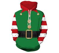 Freshhoodies Hommes Sweats à Capuche Noël Cool 3D Pull Drôle Elfes Imprimer Femmes Sweatshirt Adolescents Garçons Fête Cadeau Vêtements, XXL
