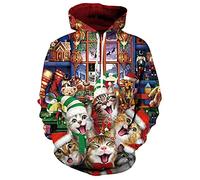 Freshhoodies Noël Hommes Sweats à Capuche Pull 3D Imprimer Chat Manches Longues Sweatshirt Femmes Adolescents Garçons Fête Cadeau, M