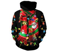 Freshhoodies Noël Hommes Sweats à Capuche Pull 3D Imprimer Père Noël Noir Manches Longues Sweatshirt Femmes Adolescents Garçons Fête Cadeau, M