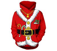 Freshhoodies Noël Hommes Sweats à Capuche Pull 3D Imprimer Père Noël Rouge Manches Longues Sweatshirt Femmes Adolescents Garçons Fête Cadeau, M