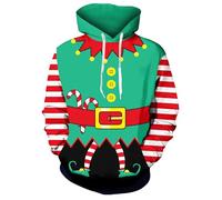 Freshhoodies Sweats à Capuche Noël Hommes 3D Pull Drôle Elfes Vert Imprimer Cool Femmes Sweatshirt Adolescents Garçons Fête Cadeau Vêtements, XL