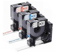 Freshworld Lot de 3 rubans d'étiquettes colorés sur transparent de rechange pour Dymo D1 1/2" Blanc/bleu/rouge sur transparent Compatible avec Dymo ColorPoP/Labelmanager 160 210D 260P 280 360D 420P