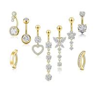 Fresilkora Lot de 9 piercings de nombril en acier inoxydable chirurgical, motif fleur, cœur, papillon, zircon, pour femmes et filles, pour la Saint-Valentin