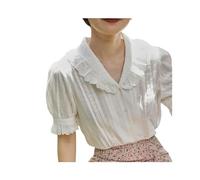 FRESQA Chemises en Coton Blanc Violet pour Femmes, Garniture en Dentelle, col Peter Pan, Manches Bouffantes, Style Lolita, Chemisiers Doux, Haut