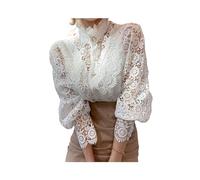 FRESQA Chemisier en Dentelle à Manches pétales, col Montant, ajouré, Fleur, Patchwork, Chemise Assortie avec Tout, Bouton, Haut Blanc