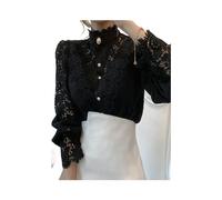 FRESQA Chemisier en Dentelle à Manches pétales, col Montant, ajouré, Fleur, Patchwork, Chemise Assortie avec Tout, Bouton, Haut Blanc