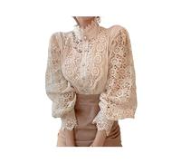 FRESQA Chemisier en Dentelle à Manches pétales, col Montant, ajouré, Fleur, Patchwork, Chemise Assortie avec Tout, Bouton, Haut Blanc