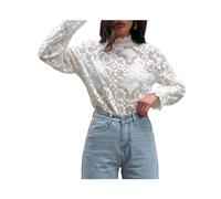FRESQA Chemisier en Dentelle brodée Jacquard Blanc pour Femme, col Rond, Haut Transparent ajouré, Pull-Over à Manches Longues, Chemise de Bureau, Printemps, 2024