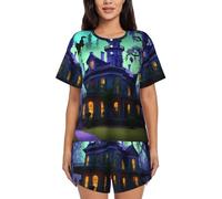 FRESQA Ensemble de vêtements de nuit confortables à col rond pour femme avec imprimé manoir hanté noir pour se détendre à la maison, Noir , L