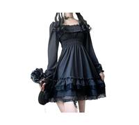 FRESQA Mini Robe de Princesse Noire de Style Lolita Japonais pour Femmes, col Slash, Taille Haute, Gothique, Manches Bouffantes, en Dentelle, à Volants, Robes de soirée