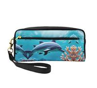 FRESQA Mini trousse de maquillage portable à imprimé de noix de coco, plage et coucher de soleil, polyvalente et compacte, parfaite pour vos essentiels, Beau monde sous-marin dauphins corail, One Size