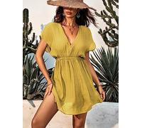 FRESQA Noir Plongeant Taille Élastique Bikini Cover Up Pour Femme Lâche Manches Courtes Vacances Plage Tunique Robe 2023 Summer Beachwear