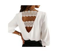 FRESQA Pull en Dentelle ajourée au Dos, Chemisier Blanc, Mode Sexy, col en v, Chemise à Manches Longues, Automne et Hiver