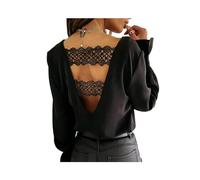 FRESQA Pull en Dentelle ajourée au Dos, Chemisier Blanc, Mode Sexy, col en v, Chemise à Manches Longues, Automne et Hiver