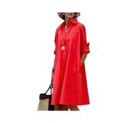 FRESQA Robe Chemise Unie pour Femmes, Mode d'été décontractée, col Rabattu, Poches, Manches Longues, Robes mi-Longues, Sexy, à Pois