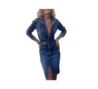 FRESQA Robe en Jean Sexy pour Femmes, col en v, Ceinture, tempérament, Couleur Unie, col Rabattu, Robe de soirée, élégante, Manches Longues, Sac de Hanche, Robe mi-Longue