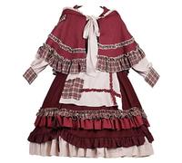 FRESQA Robe Lolita Rouge Vintage en Patchwork pour Femmes, avec Cape, Mignonne Femme Cosplay, Petite Capuche d'équitation Rouge