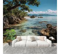 Fresque intissé 250x175cm Motif De Paysage De Bord De Mer 3D Impression Haute Définition Papier Peint Décoration Murale Poster Vert Anti-rides Murale Moderne Salon Chambre á Coucherr Bureau Salle
