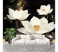 Fresque intissé 250x175cm Noir 3D Impression Haute Définition Papier Peint Décoration Murale Poster Fleurs De Lotus Blanches D'Encre Anti-rides Murale Moderne Salon Chambre á Coucherr Bureau Salle