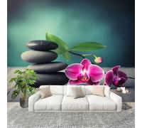 Fresque intissé 400x280cm Galets OrchidéEs De Pierre Motif 3D Impression Haute Définition Papier Peint Décoration Murale Poster Vert Anti-rides Murale Moderne Salon Chambre á Coucherr Bureau Salle