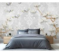 Fresque murale 3D blanche à motifs floraux et oiseaux en vol, élégante décoration murale à motif damassé pour salon, chambre, mur d'accent romantique pour la décoration intérieure 300x230cm
