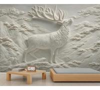 Fresque murale 3D complexe représentant un élan blanc, motif animalier sculpté, décoration murale chic pour un mur d'accent dans une chambre. 350x250cm (Non autocollant)