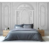 Fresque murale 3D en relief de style européen, motif classique d'arches et de fleurs sculptées, décoration murale texturée imitation marbre blanc pour salon/chambre 350x250cm (Non autocollant)