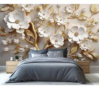 Fresque murale 3D luxueuse représentant un arbre floral blanc et or, décoration murale texturée élégante pour salon, chambre, mur d'accent au design intérieur opulent 200x140cm (Non autocollant)