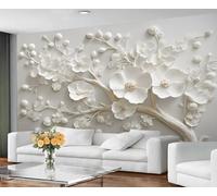 Fresque murale 3D sculptée de branches blanches à motifs floraux, art mural floral délicat, décoration élégante pour le salon et la chambre. 400x280cm (Non autocollant)
