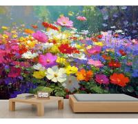 Fresque murale artistique multicolore représentant un champ de fleurs, motif floral impressionniste, décoration intérieure vivante pour salle à manger ou bureau 150x105cm (Non autocollant)