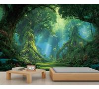 Fresque murale artistique représentant une forêt tropicale ensoleillée, motif botanique vibrant, décoration immersive pour salle à manger ou bureau 100x100cm (Non autocollant)