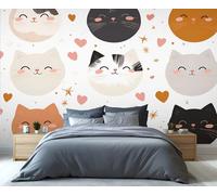 Fresque murale avec adorables visages de chats, cœurs et étoiles - Décoration fantaisiste à motif chaton pour chambre d'enfant, chambre de bébé et espace pour amoureux des chats 100x100cm