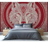 Fresque murale bohème géométrique avec loup - Art tribal loup rouge et blanc pour chambre, salon et amateurs de décoration bohème 280x200cm (Non autocollant)