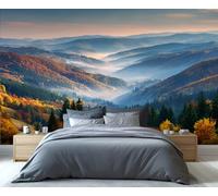 Fresque murale « Brume dans la vallée des montagnes en automne » - Feuillage d'automne à couper le souffle et collines en terrasses, idéale pour la décoration automnale de la chambre et du salon