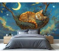 Fresque murale Chat dans son nid, Nuit de Rêve - Croissant de Lune Céleste et Étoiles, Décoration pour Chambre, Chambre d'Enfant et Amateurs de Décoration Fantaisiste 250x175cm (Non autocollant)