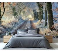Fresque murale Chemin forestier givré en hiver - Tunnel d'arbres enneigé et sentier ensoleillé, décoration murale pour salon, papier peint paysage hivernal enchanteur 400x280cm (Non autocollant)