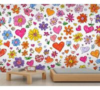 Fresque murale colorée d'art populaire à motifs floraux et de cœurs, œuvre d'art ludique, décoration élégante pour l'entrée de la chambre d'enfant 400x280cm (Non autocollant)