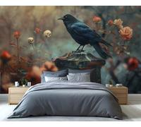 Fresque murale « Corbeau gothique dans un cimetière de roses » - Art occulte brumeux avec crânes pour chambre, salon et amateurs de décoration romantique sombre 150x105cm (Non autocollant)