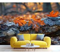 Fresque murale de feuilles de chêne d'automne sur une bûche tombée, décor mural chaleureux de forêt d'automne, décoration inspirée par la nature pour 300x230cm (Non autocollant)