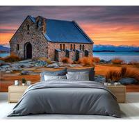 Fresque murale de l'église du Bon Pasteur, lac Tekapo - Un coucher de soleil à couper le souffle en Nouvelle-Zélande avec les Alpes du Sud, décorer une chambre ou un salon sur le thème du voyage.