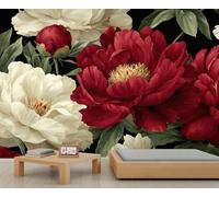 Fresque murale de pivoines rouges et blanches royales, œuvre d'art florale ornementale, décoration élégante pour l'entrée du salon 350x250cm (Non autocollant)