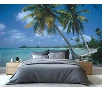 Fresque murale de plage tropicale bordée de palmiers - Eaux turquoise et palmiers ondulants, décoration murale pour salon, papier peint paradis insulaire idyllique 100x100cm (Non autocollant)