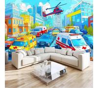 Fresque murale décorative représentant une architecture urbaine de dessin animé, bleu clair, idéale pour une chambre, un salon, un mur TV ou une chambre d'enfant - Sticker mural intissé, 350 cm x 256